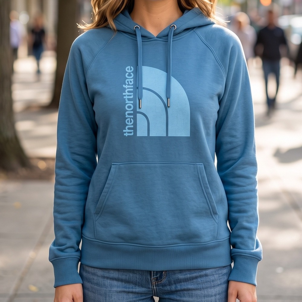 The North Face Womens Blue Graphic Logo Raglan Pullover Hoodie Sweatshirt